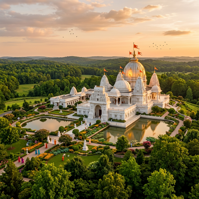 Beautiful ISKCON temple complex in North Carolina surrounded by lush green forests