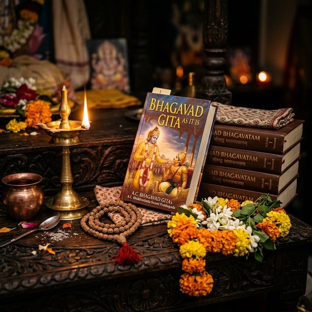 Sacred Vaishnava scriptures with tulasi beads and oil lamp